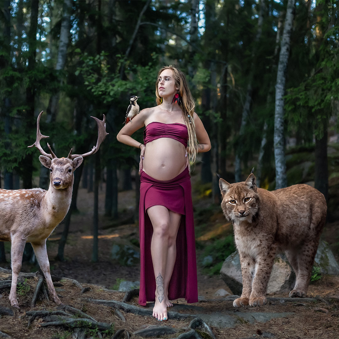 En magisk gravidfotografering i skogen. På bilden syns den gravida kvinnan omgiven av vilda djur.