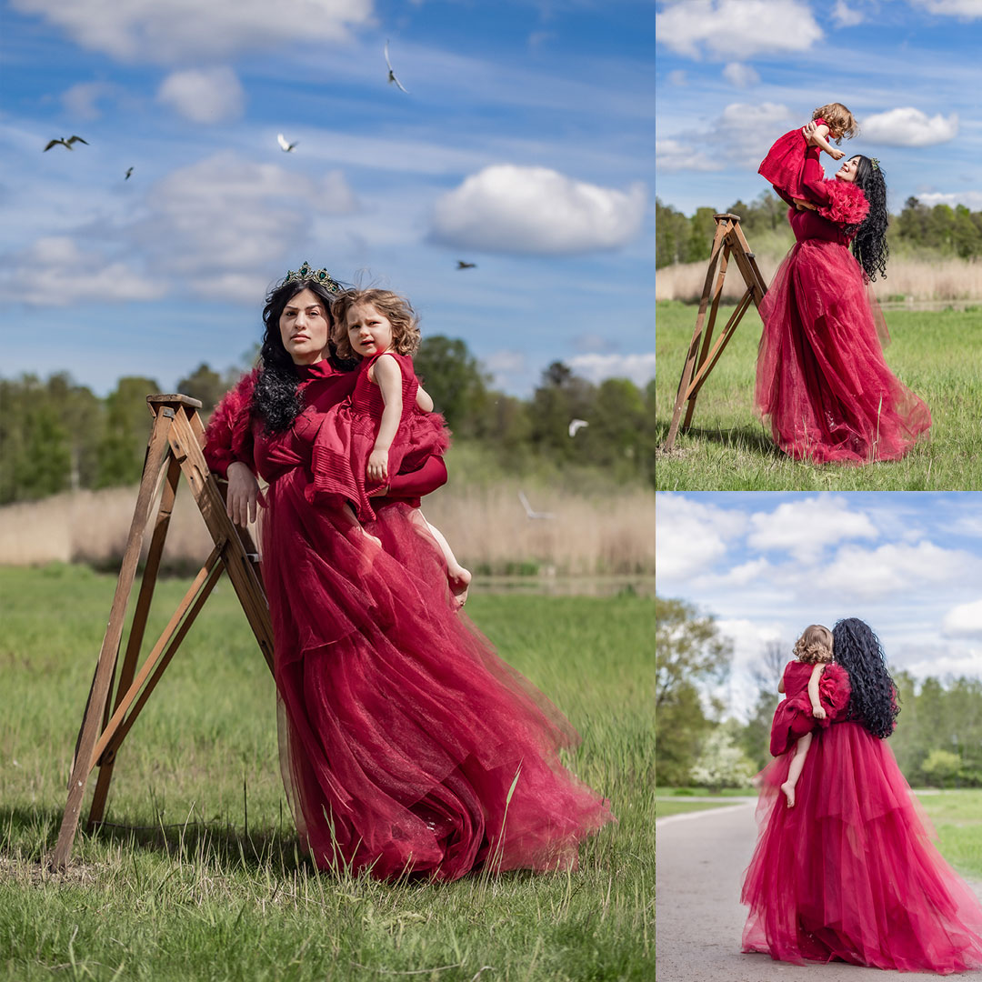 Collage med tre olika bilder på mamma och dotter i röda klänningar.