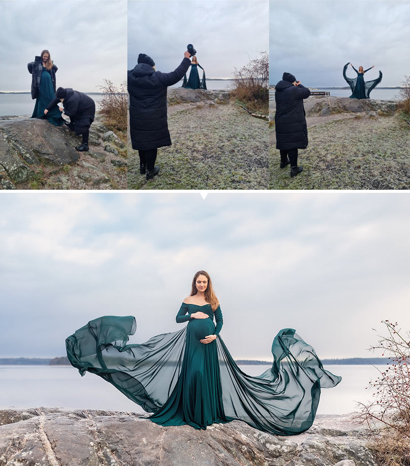 En bild i flera delar som först visar hur fotograf Linda Holmkratz fixar till en gravid kvinnas klänning, sedan visar hur den gravida kvinnan ska posera och sedan fotograferas kvinnan. Den sista delen visar hur bilden blev.