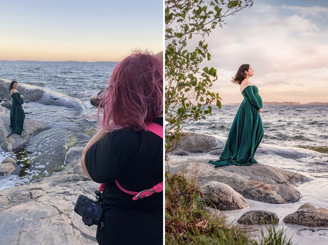 En tvådelad bild som först visar när fotograf Linda Holmkratz fotograferar en gravid kvinna bland klipporna vid havet. Den andra delen visar hur den fotograferade bilden blev.