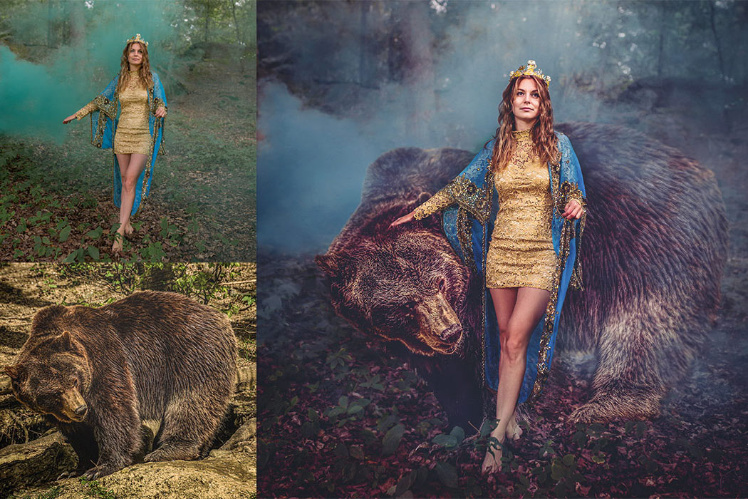 Bilden visar två bilder som är ihopsatta till en. Det är en björn och en kvinna som har redigerats tillsammans i en skog med blå rök.